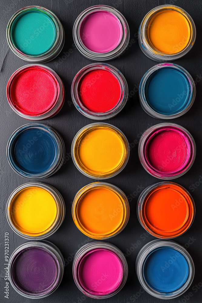 An Abstract Top-Down Shot Of Various Open Paint Cans, Each Filled With A Different Vivid Color An Abstract Top-Down Shot Of Various Open Paint Cans, Each Filled With A Different Vivid Color