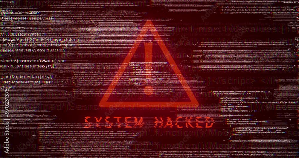 System, data breach and warning sign for hacking as cyber crime with information theft, security and fraud. Computer software, cloud computing and cybersecurity, protection and glitch with threat