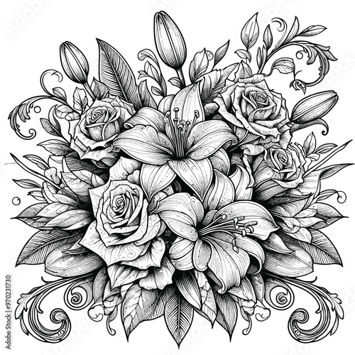 sophisticated bouquet of roses and lilies, with swirling coloring page 