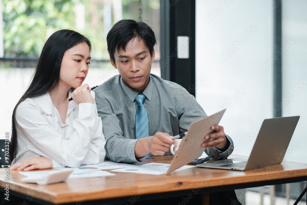 Two professionals engaged in a business discussion, reviewing documents and using a laptop in a modern office environment. Two professionals engaged in a business discussion, reviewing documents and using a laptop in a modern office environment.