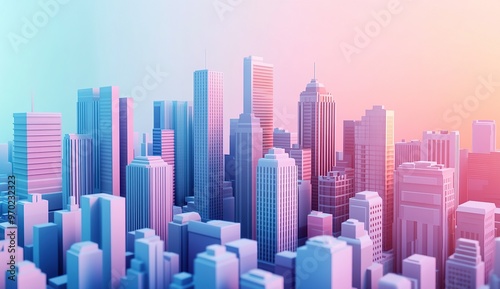 3d render of cityscape with skyscrapers, gradient background in blue and pink colors