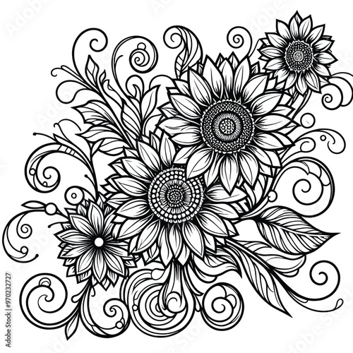 stylized bouquet of sunflowers with swirling leaves coloring page 