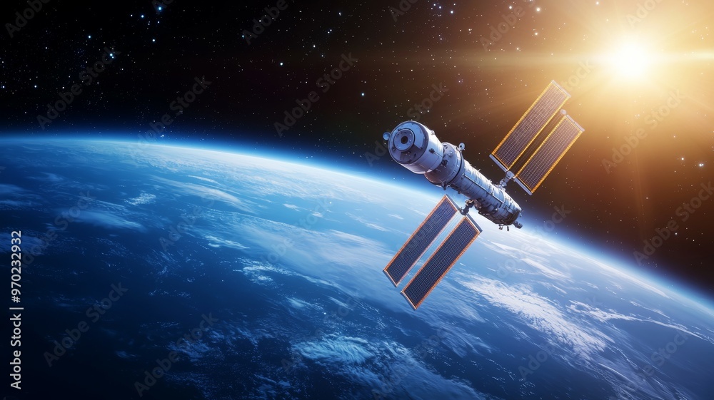 A space shuttle is flying through the sky above the Earth A space shuttle is flying through the sky above the Earth