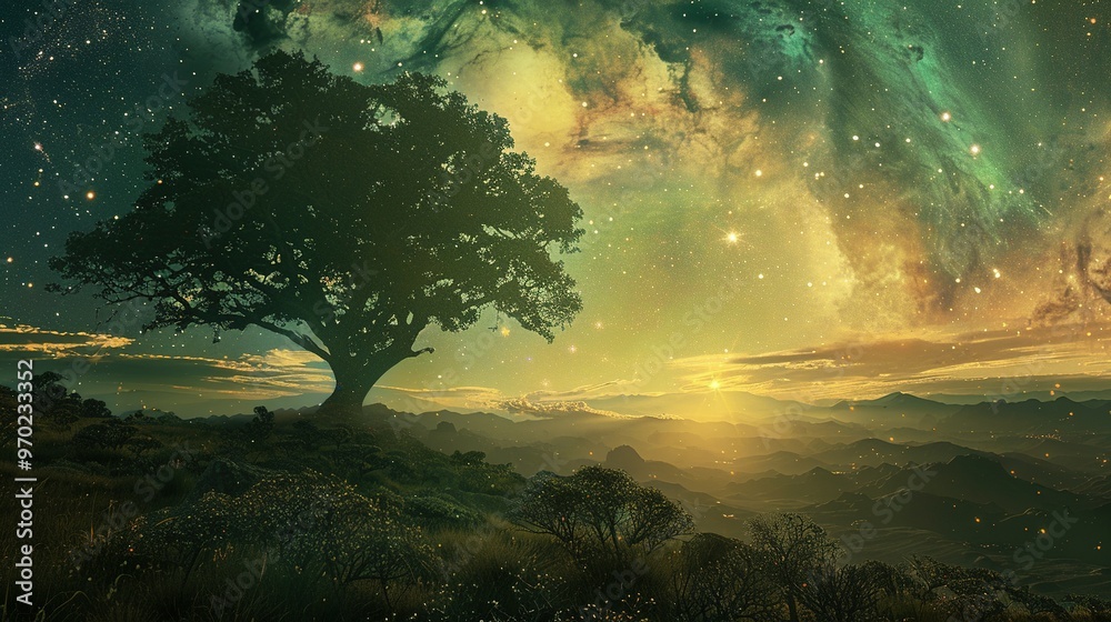 A solitary tree stands tall against a backdrop of stars and a distant sunset over rolling hills. A solitary tree stands tall against a backdrop of stars and a distant sunset over rolling hills.
