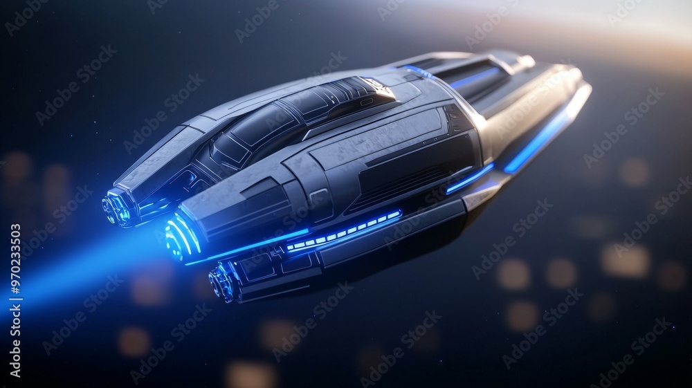 A futuristic space ship with blue lights is flying through the sky A futuristic space ship with blue lights is flying through the sky