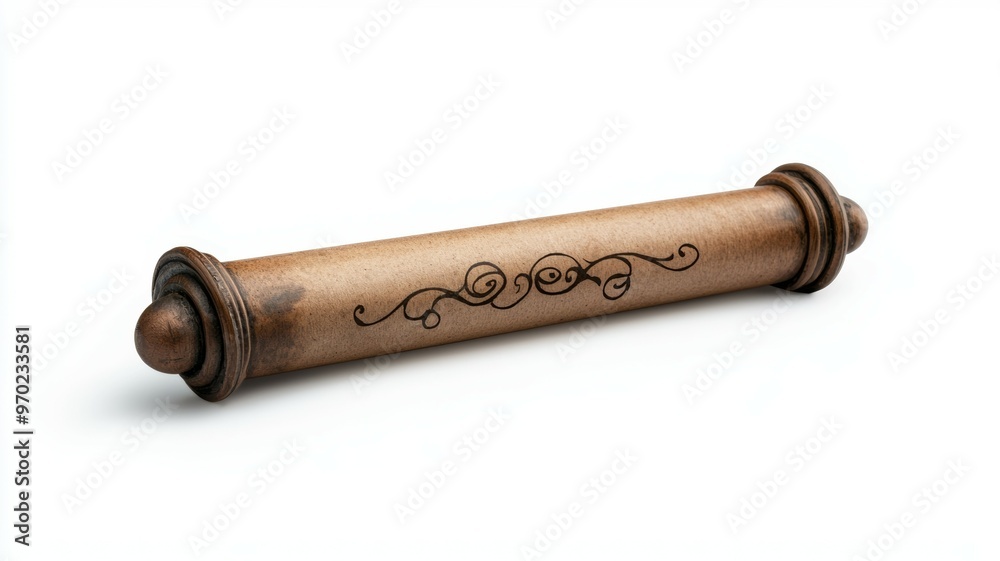 A wooden scroll is engraved with a design and has a spiral shape A wooden scroll is engraved with a design and has a spiral shape