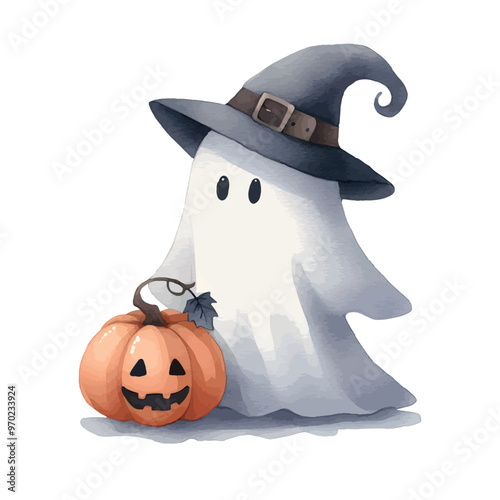 cute ghost. watercolor illustration of cute ghost with pumpkin