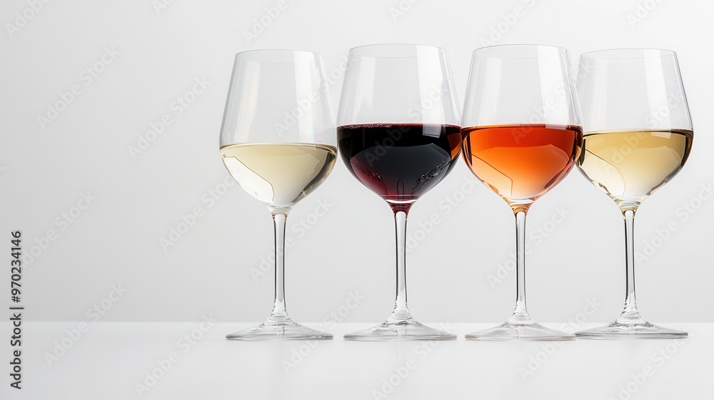 A stylish presentation of four wine glasses filled with diverse wines, showcasing color and elegance against a minimalist background. A stylish presentation of four wine glasses filled with diverse wines, showcasing color and elegance against a minimalist background.