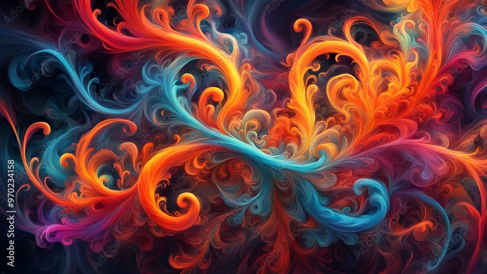 Abstract swirling pattern of blue and orange paint on a dark background. Abstract swirling pattern of blue and orange paint on a dark background.