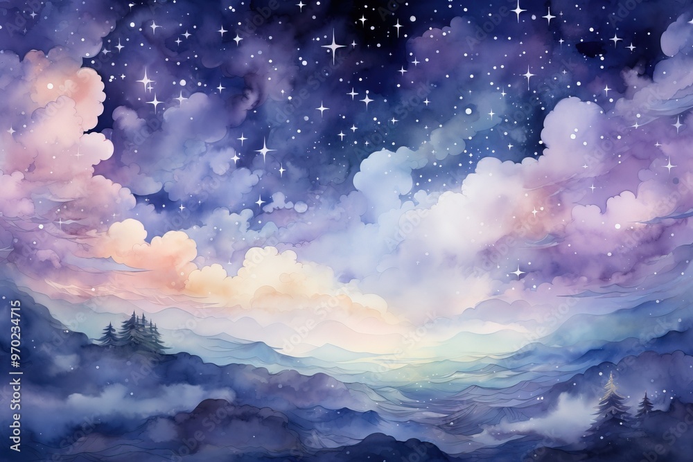 Watercolor night sky and mountains. Beautiful hand drawn background Watercolor night sky and mountains. Beautiful hand drawn background
