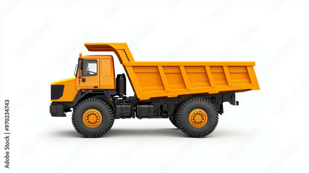 A large orange dump truck is parked on a white background A large orange dump truck is parked on a white background