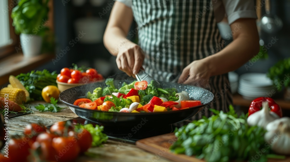 Home cook preparing fresh vegetables for a stir-fry with a wok, colorful ingredients on a wooden countertop Home cook preparing fresh vegetables for a stir-fry with a wok, colorful ingredients on a wooden countertop