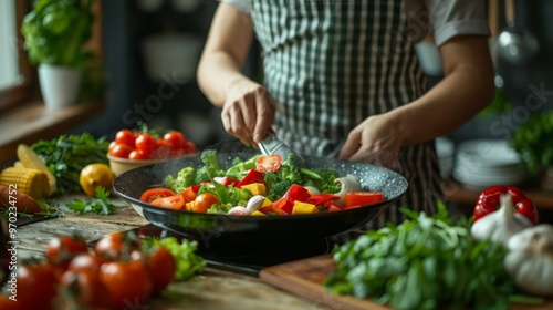 Home cook preparing fresh vegetables for a stir-fry with a wok, colorful ingredients on a wooden countertop