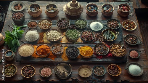 Indian food preparation with a variety of spices laid out on a wooden table, ready for cooking a traditional dish