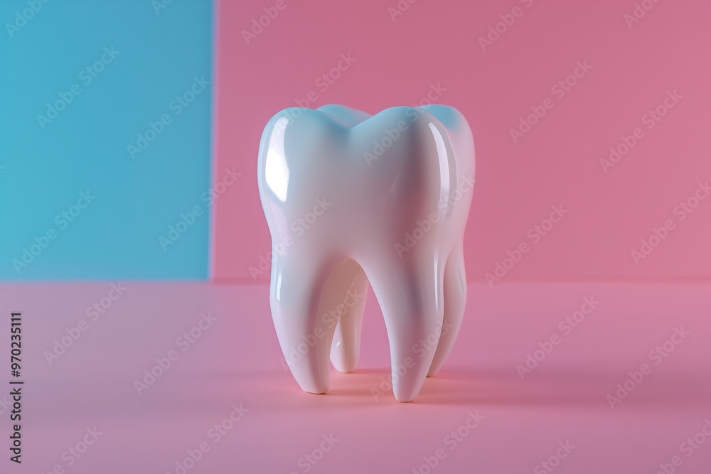 Tooth model on pink and blue background Tooth model on pink and blue background