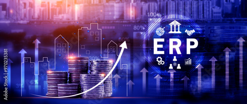 ERP Concept, Enterprise resource planning concept, analyzing ERP system on virtual screen, Connections between business intelligence, HR and CRM modules. photo