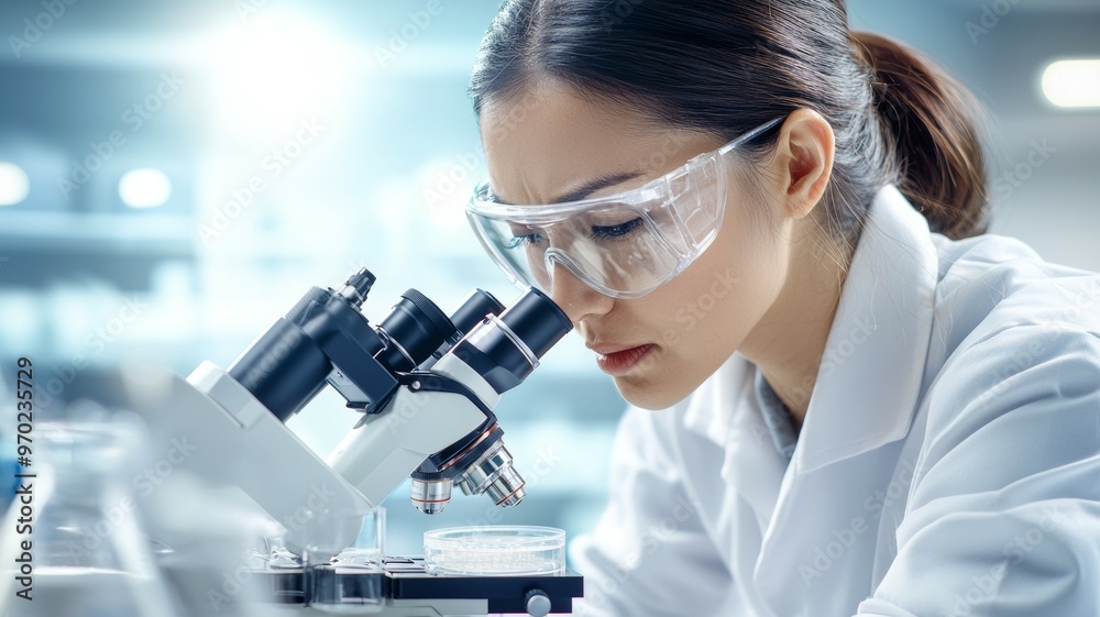 A woman wearing a lab coat and goggles is looking through a microscope A woman wearing a lab coat and goggles is looking through a microscope