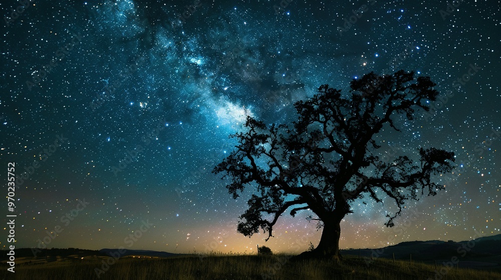 Silhouetted Tree Under a Starry Night Sky with the Milky Way Silhouetted Tree Under a Starry Night Sky with the Milky Way