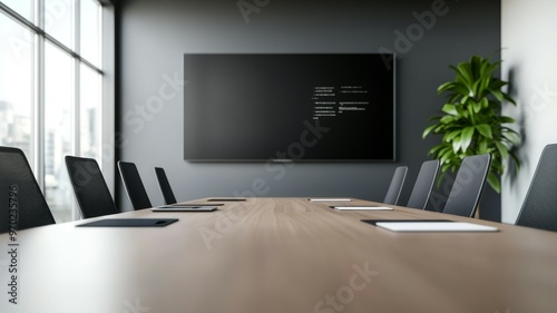 A large television screen is mounted on the wall in front of a group of chairs