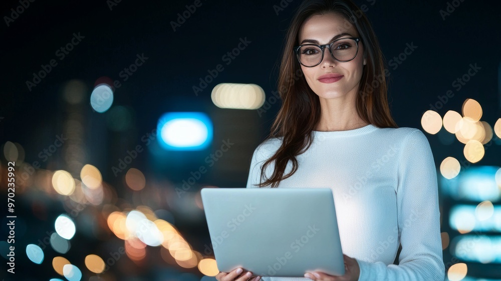 A woman is holding a laptop in front of a city skyline A woman is holding a laptop in front of a city skyline