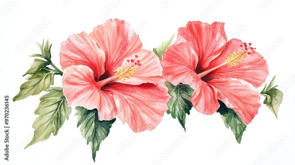 Hand painted watercolor illustration of tropical hibiscus flowers in a botanical style Hand painted watercolor illustration of tropical hibiscus flowers in a botanical style