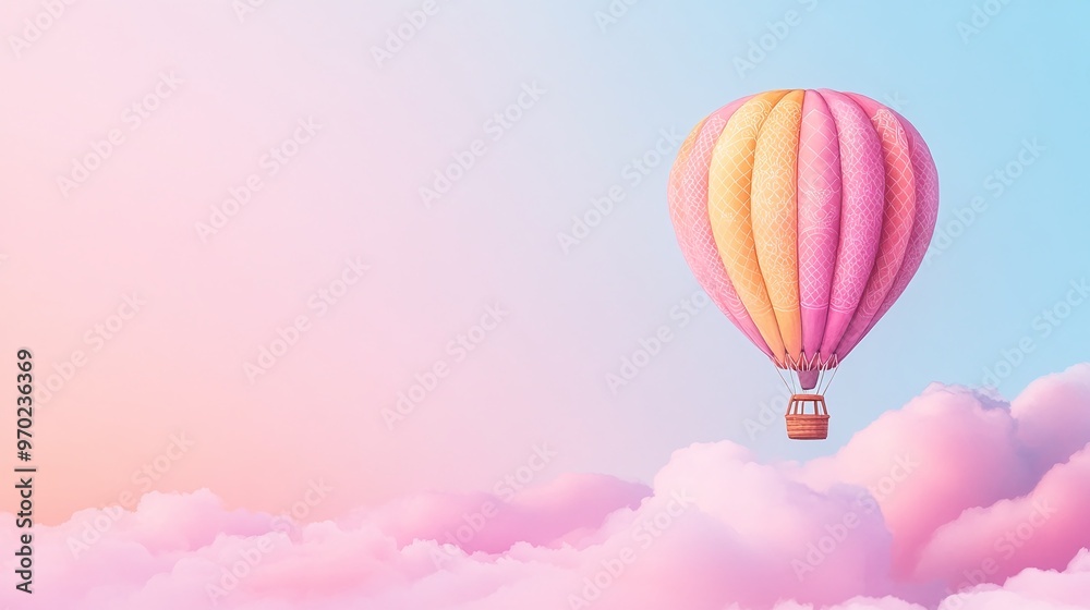 Fototapeta premium Hot air balloon floating above fluffy pink clouds under a soft blue sky. Perfect for travel promotions, fantasy-themed backgrounds, or marketing materials with ample space for text and a dreamy design