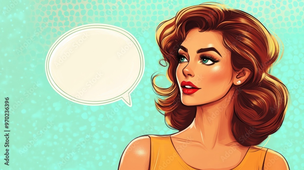 Cartoon illustration of an attractive woman featuring a speech bubble Cartoon illustration of an attractive woman featuring a speech bubble