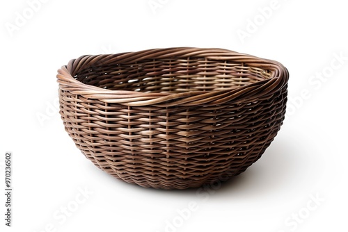 Empty wicker basket isolated on white background.