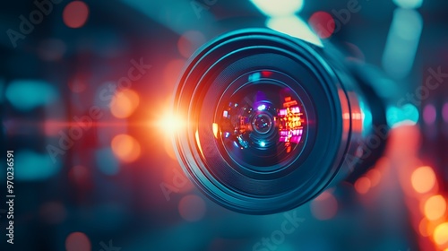 A close up of a camera lens with bokeh lights in the background.