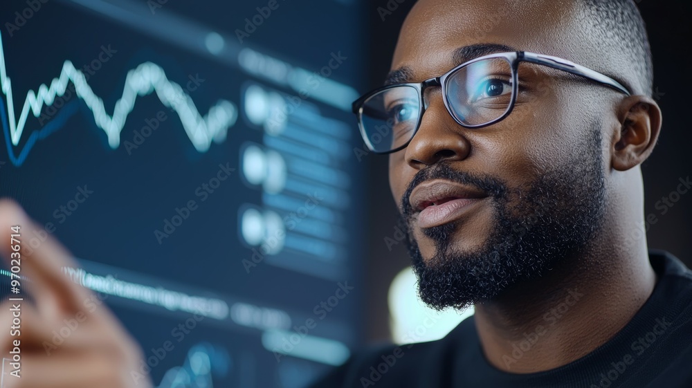 A man with glasses is looking at a computer screen with a graph on it A man with glasses is looking at a computer screen with a graph on it