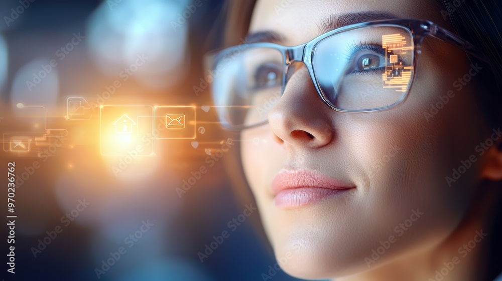 A woman is looking at a computer screen with a lot of icons A woman is looking at a computer screen with a lot of icons