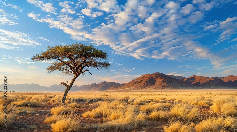 Solitary Tree in a Vast, Golden Grassland Desert Under a Blue Sky with White Clouds Solitary Tree in a Vast, Golden Grassland Desert Under a Blue Sky with White Clouds