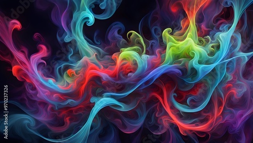 Abstract colorful smoke swirls on a black background.