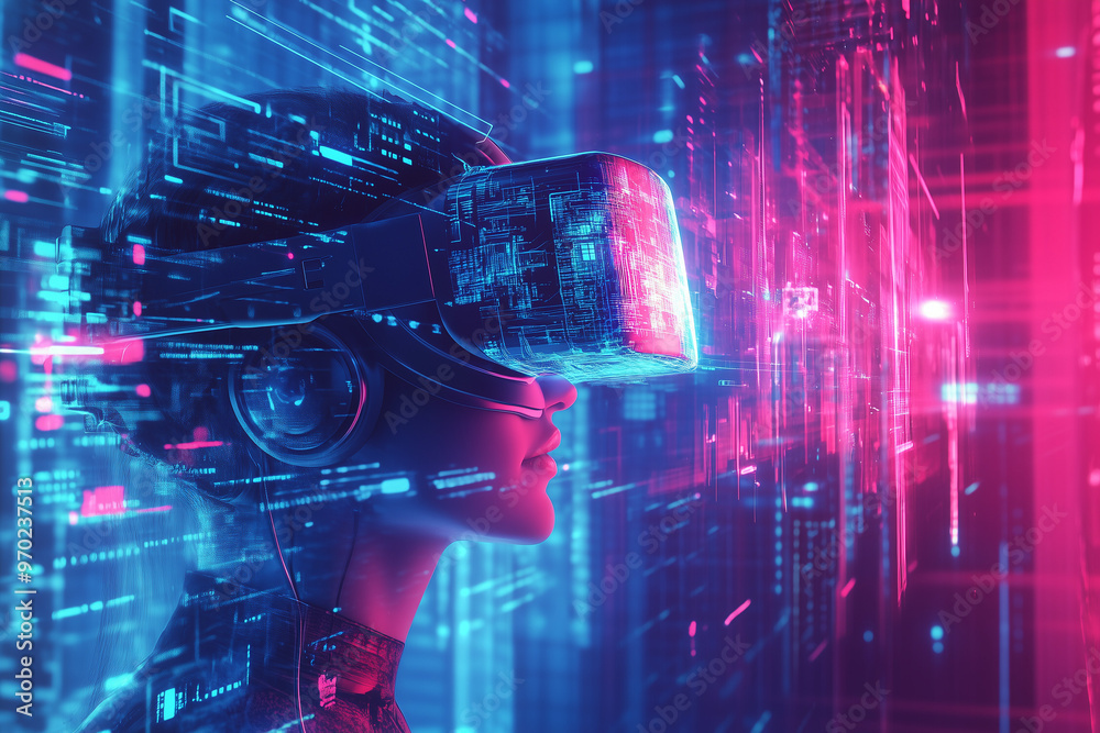 A futuristic, tech-themed illustration showing a virtual reality world with a person wearing a VR headset, surrounded by glowing digital elements A futuristic, tech-themed illustration showing a virtual reality world with a person wearing a VR headset, surrounded by glowing digital elements