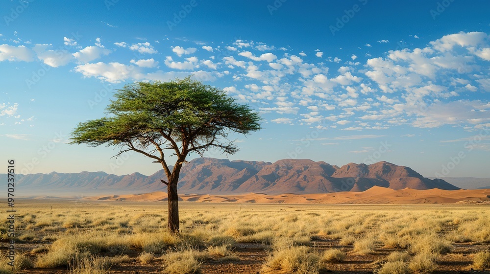 Solitary Tree in a Vast Desert Landscape with Mountains and a Blue Sky Solitary Tree in a Vast Desert Landscape with Mountains and a Blue Sky