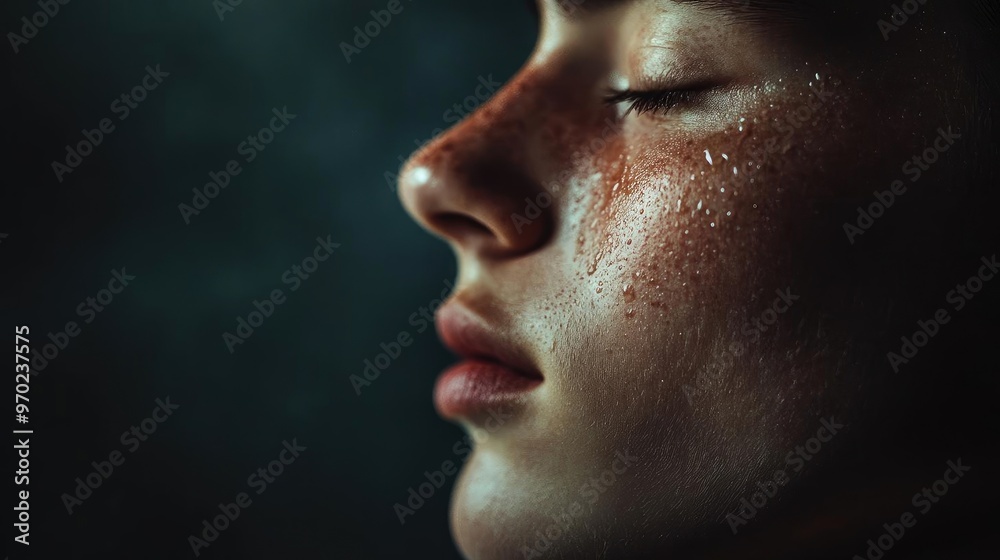 A close-up portrait highlighting a serene face with textured skin, soft lighting, and a delicate wet appearance, evoking emotion and beauty. A close-up portrait highlighting a serene face with textured skin, soft lighting, and a delicate wet appearance, evoking emotion and beauty.