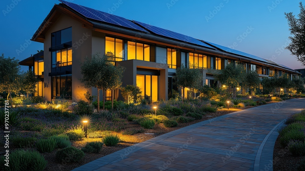 Obraz premium Modern building with solar panels and landscaped pathway at dusk.