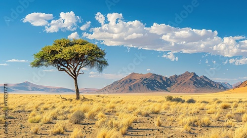 A lone tree in a vast desert landscape with mountains in the background and a blue sky with white clouds.