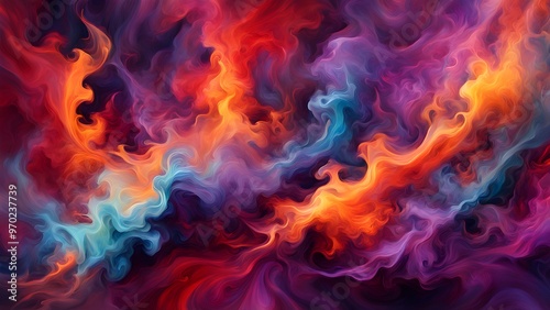 Abstract swirling background of vibrant colors in blue, orange, and red.