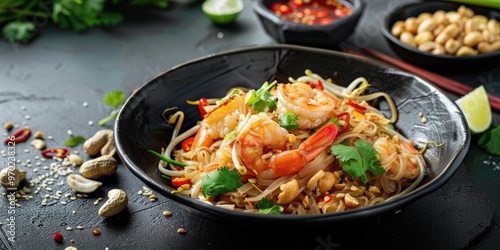 Shrimp Pad Thai noodles garnished with peanuts, scrambled eggs, bean sprouts, and seasonal vegetables, presented in a black ceramic bowl on a dark tabletop, captured from a vertical perspective with