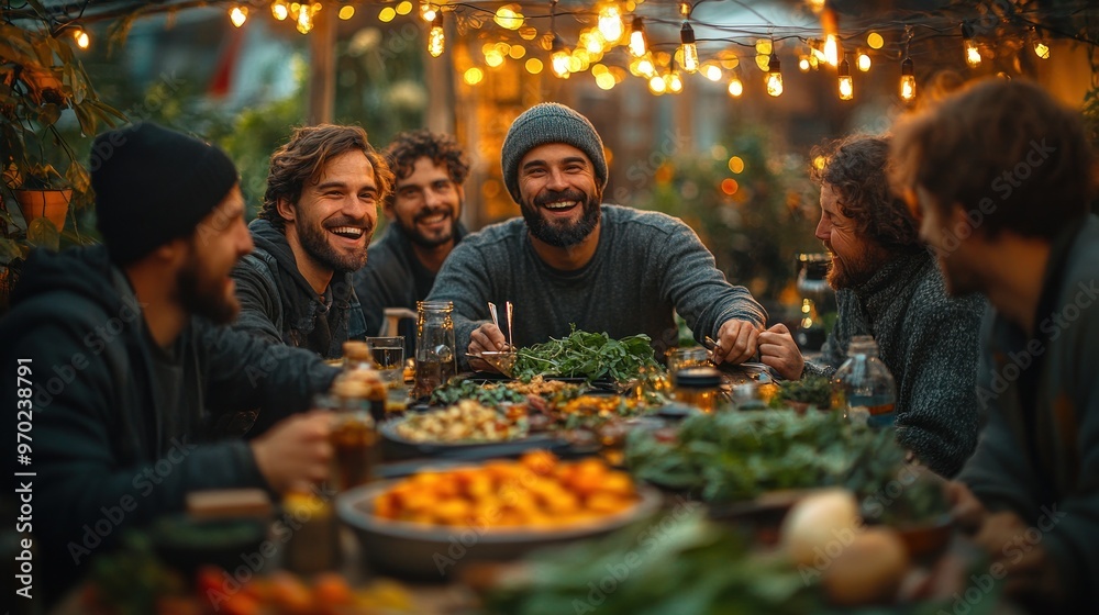 Friends Sharing a Meal Under String Lights Friends Sharing a Meal Under String Lights