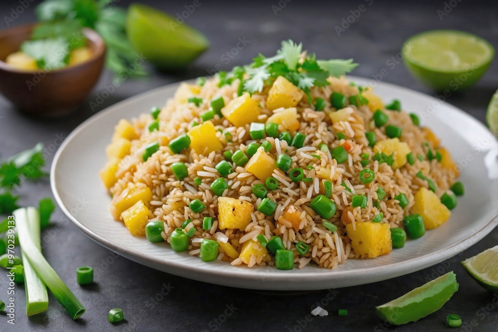 Pineapple Fried Rice: Overhead view of pineapple fried rice on a minimalist white plate, garnished with green onions and a lime wedge Pineapple Fried Rice: Overhead view of pineapple fried rice on a minimalist white plate, garnished with green onions and a lime wedge
