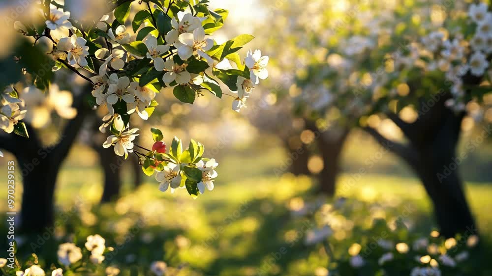 Beautiful blooming apple orchard during golden hour showcasing vibrant flowers and lush greenery in spring