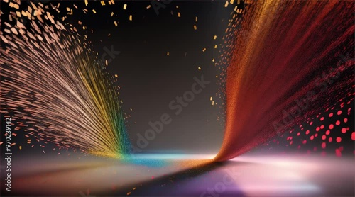 Futuristic abstract background with glowing light effects. Bright multicolored laser beams shine on a black background.