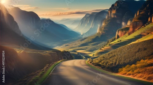 Aerial view of sunrise over mountains and asphalt road in summer. Beautiful landscape with roadway in hills, golden sunlight in fall. Travel