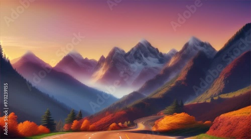 Aerial view of sunrise over mountains and asphalt road in summer. Beautiful landscape with roadway in hills, golden sunlight in fall. Travel