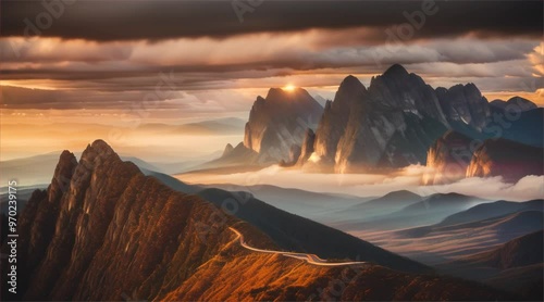 Aerial view of sunrise over mountains and asphalt road in summer. Beautiful landscape with roadway in hills, golden sunlight in fall. Travel