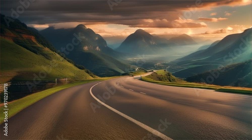 Aerial view of sunrise over mountains and asphalt road in summer. Beautiful landscape with roadway in hills, golden sunlight in fall. Travel