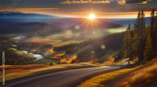 Aerial view of sunrise over mountains and asphalt road in summer. Beautiful landscape with roadway in hills, golden sunlight in fall. Travel