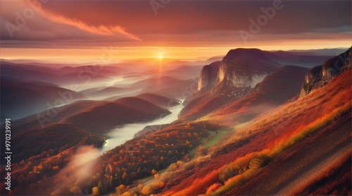 Aerial view of sunrise over mountains and asphalt road in summer. Beautiful landscape with roadway in hills, golden sunlight in fall. Travel